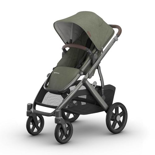 UPPAbaby Vista V3 Stroller - Full-Size Single-to-Double Stroller System - Toddler Seat, Bug Shield, Rain Shield, and Storage Bag Included - Evelyn (Meadow Green/Graphite Frame/Chestnut Leather)