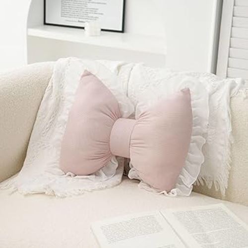 Pink Bow Pillow - Decorative Lace Bowknot Throw Pillow, Cute Shaped Pillows for Sofa, Couch, Bed, Living Room, Bedroom