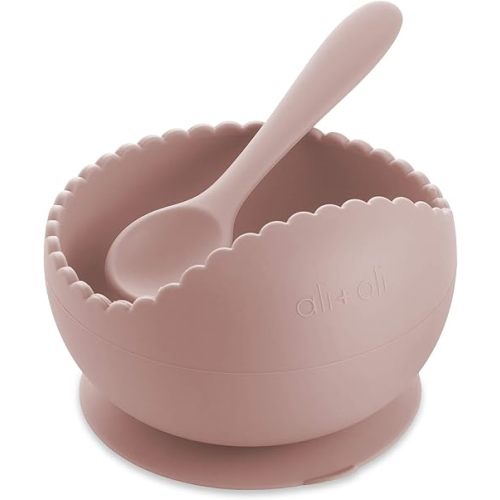 Ali+Oli Silicone Suction Bowl and Spoon Set (Blush, Wavy) - Unbreakable Suction Bowls for Baby 6 Months and Up, Self Feeding Baby Utensils, First Stage Baby Feeding Supplies
