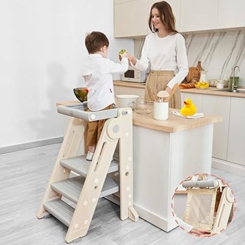 Forbena Foldable Toddler Tower Kitchen Learning Stool Helper, Montessori Kids Standing Tower for Counter, Collapsible Adjustable Baby Child Step Stool with Safety Net for Bathroom Sink (Grey) - Gray