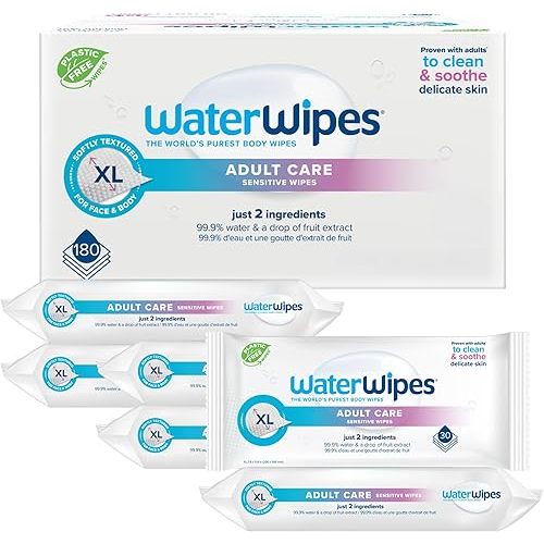 WaterWipes Sensitive+ Body & Intimate Wipes, 3-In-1 Cleans, Cares, Protects, 99.9% Water, Unscented & Hypoallergenic Hygiene Wet Wipes, Adult Care,180 Wipes (6 Packs)