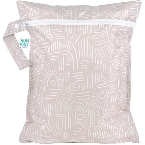 Bumkins Waterproof Wet Bag for Baby, Travel, Swim Suit, Cloth Diapers, Pump Parts, Pool, Beach, Gym Clothes, Toiletry, Hook to Stroller, Daycare, Zipper Reusable Wetdry Packing Pouch, Boho Beige