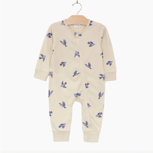 2 way zip romper in bluebirds