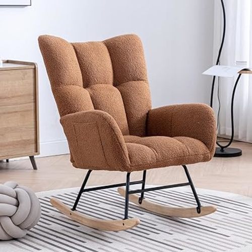 Nursery Rocking Chair Teddy Upholstered Glider Rocker Rocker Accent Chair with High Backrest Armchair Comfy Side Pocket Modern Rocking Accent Chairs for Living Room, Nursery, Office-Brown