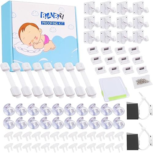 69 Packs Baby Proofing Kit including 12 Hidden Cabinet Locks, 8 Adjustable Safety Latches, 26 Outlet Covers, 20 Baby Proof Corners, 2 Anti Tip Furniture Anchors Kit and 1 Sliding Glass Door Lock