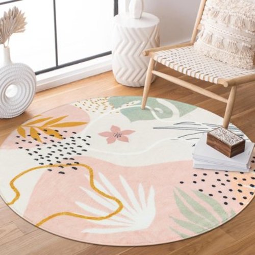 Moynesa 4'Round Boho Rugs,Washable Non-Slip Small Round Area Rug Throw Soft Cute Round Nursery Rug Non-Shed Lightweight Bathroom Rug, Pink Botanical Print Circle Rug for Bedroom Dorm Kids Room