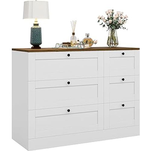 HOSTACK 6 Drawer Double Dresser, White Dresser Chest of Drawers, Wide 6 Drawer Chest, Wood Dresser Storage Cabinet with Deep Drawers for Living Room, Hallway, Entryway, White