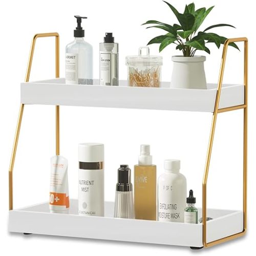 ZGO 2-Tier Bathroom Organizer, Wood Countertop Vanity Organizer Tray, Kitchen Spice Rack Counter Shelf Organizers and Storage(White)