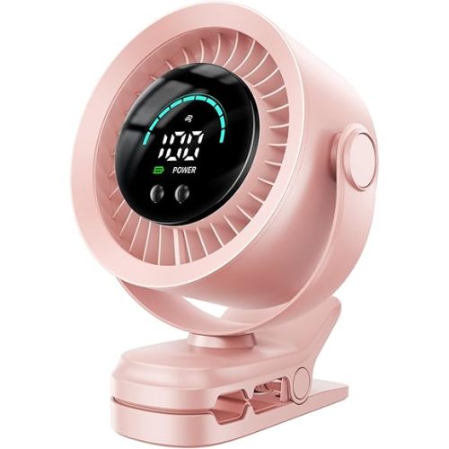 KIMMOO Portable Clip on Fan, 100-Speed Rechargeable USB Fan with LED Display, 360° Rotation & Strong Airflow Desk Fan, Up to 17 Hours Small Battery Fan for Outdoor Travel Camping Treadmill Car (Pink)
