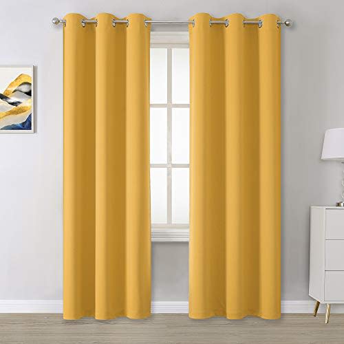 DUALIFE Yellow Room Darkening Curtains Grommet - Mustard Yellow Blackout Curtain Panels for Bedroom Window Drapes for Living Room Thermal Insulated 42 Wide x 84 Inches Long, 2 Panels
