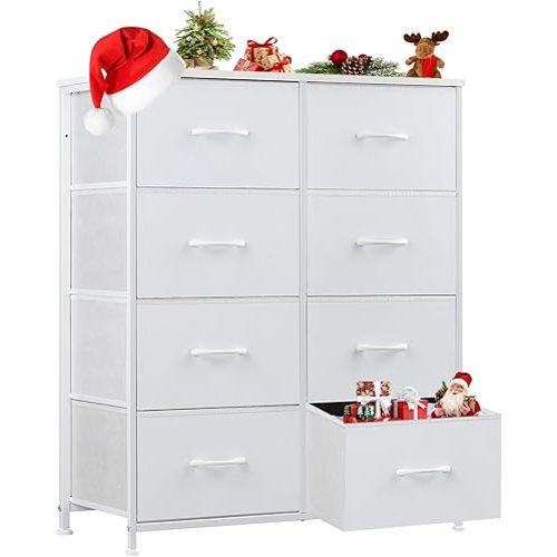 Sweetcrispy Dresser for Bedroom, Chest Organizer Unit with 8 Fabric Bins, Fabric Storage Tower, Drawer Organizer with Steel Frame, Wooden Top for Nursery, Living Room, Closet