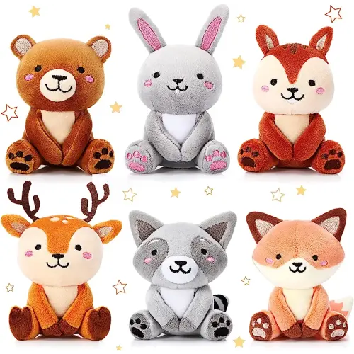 6 Pcs Mini Stuffed Woodland Animals Jungle Animal Plush Toys Bulk 4 Inch Cute Plush Bear Rabbit Squirrel Raccoon for Baby Shower Birthday Stuffer Animal Themed Party Decoration