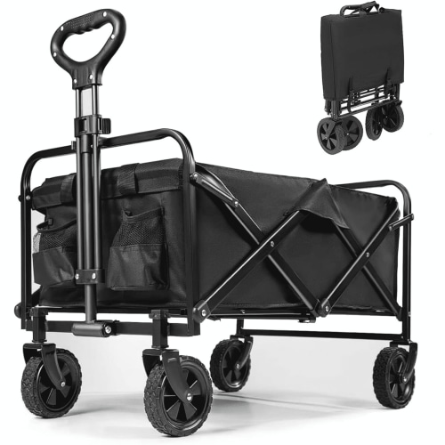 Collapsible Wagon Cart, 390LB Heavy-Duty Utility Wagon with All-Terrain Wheels, Folding Outdoor Cart for Camping, Beach, Picnic, Grocery, Sports, Black