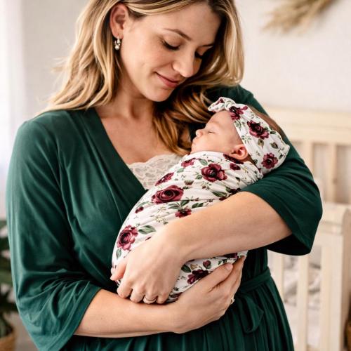 Emerald Green Labor Delivery Robe Floral Swaddle Set – Matching Mommy Me Hospital Outfit