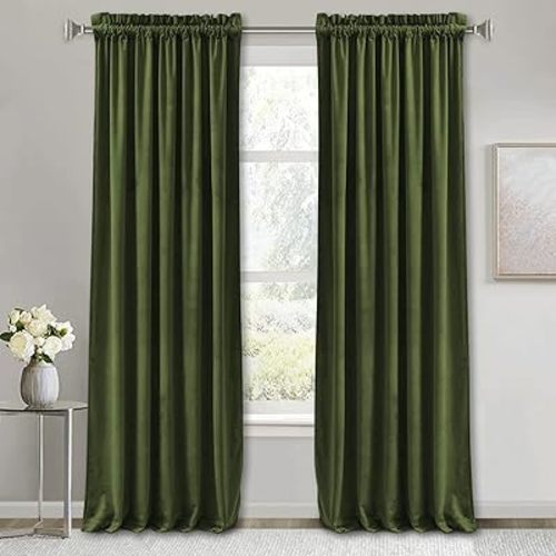 RYB Home Olive Green Velvet Curtains 2 Panels Set, Room Darkening Luxury Window Treatment Privacy Thermal Insulated Backdrops for Living Room, 52 inch x 96 inches