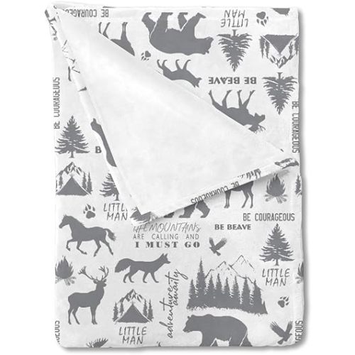 Camping Woodland Animals Baby Blanket Boy Girl Wild Woodland Adventure Swaddle Receiving Blankets Bear Elk Horse Moose Fox Trees Mountain Newborn Toddler Nursery Crib Bed Blanket Flannel Soft 50x60