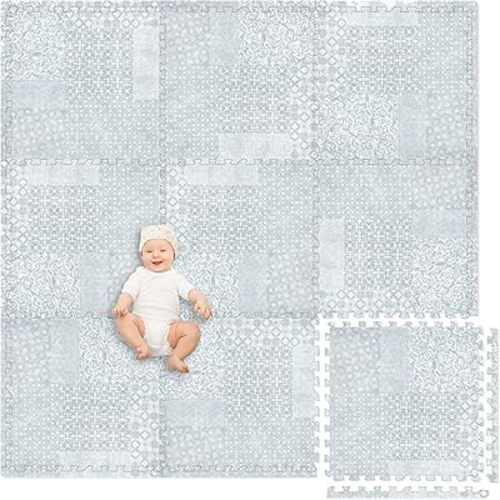 Play Platoon Large Baby Play Mat for Floor 9 Tile 72 x 72 in - Extra-Thick Interlocking Foam Tiles 24 x 24 in - Soft Puzzle Mats for Playroom - Neutral Playmat Rug - Grey, Boho Modern