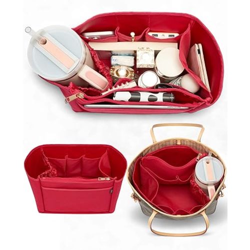 Tote Bag Organizer Insert with Stanley Cup Holder and Zipper Bag, Compatible with Neverfull, Saint Louis and More, 9 Pockets (Red, X-Large)