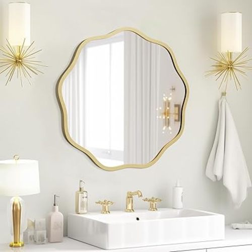 WallBeyond Round Wavy Mirror for Wall Decorative 20 inch, Modern Round Mirror Aluminum Frame Circle Wall Mirror for Bathroom Bedroom Living Room Home House Office Entryway, Gold