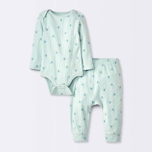 Baby 2pc Balloons Wide Ribbed Top & Bottom Set - Cloud Island™ Blue 0-3M: Cotton Bodysuit & Elastic Waist Pants, Machine Washable