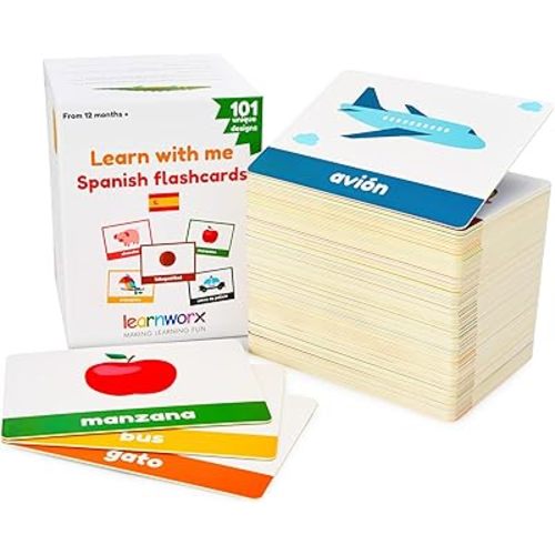 Spanish Flash Cards for Kids & Toddlers - 101 Cards - 202 Sides - Learn with Me - Objects, Numbers & Play Games - Great Value, Fun Learning and Educational Flashcards