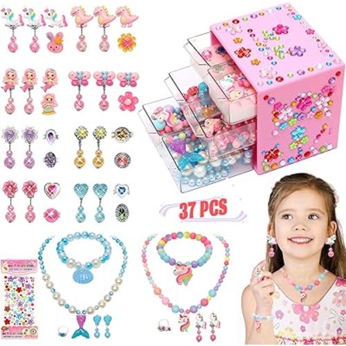 Toys for Girls Jewelry,37PCS Princess Toddler Girl Toys Age 6-8 for Pretend Play & Dress Up, Adjustable Ring Clip on Earrings Kids Toy for 3 4 5 6 7 8 9 Year Old Girls Christmas Birthday Gifts Ideas