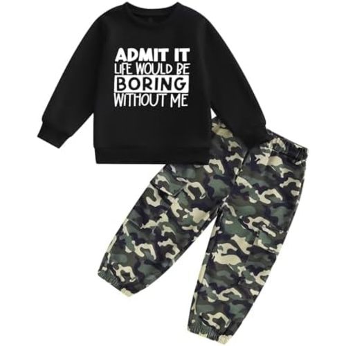 wdehow Toddler Kids Baby Boy Fall Outfits 1T 2T 3T 4T 5T Letter Print Long Sleeve Tops Camouflage Pants Winter Clothes Sets