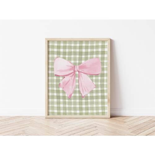 Pink Bow Print, Baby Girl Nursery, Cute Watercolor Pink Green Nursery Printable Wall Art, Green Checkered, Kids Room Decor, Digital Download