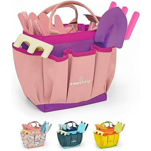Gardening Set, Tool Kit, for Kids, STEM, Includes Tote Bag, Spade, Watering Can, Rake, Fork, Trowel and Gloves (Pink)