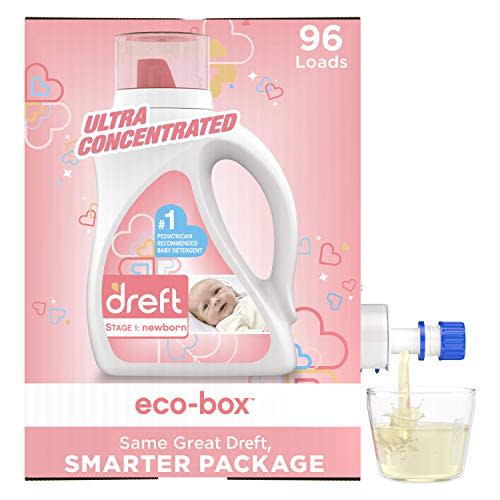 Dreft Stage 1: Baby Laundry Detergent Liquid Soap Eco-Box, Natural For Newborn, Or Infant, Ultra Concentrated He, 96 Loads - Hypoallergenic For Sensitive Skin