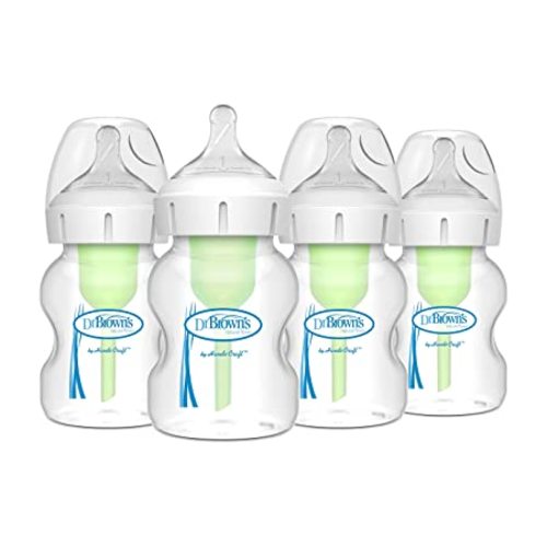 Dr. Brown's Natural Flow Anti-Colic Options+ Wide-Neck Baby Bottles 5 oz/150 mL,with Level 1 Slow Flow Nipple,4 Pack,0m+