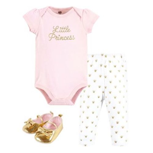 Hudson Baby Infant Girl Cotton Bodysuit, Pant and Shoe Set, Gold Little Princess, 6-9 Months