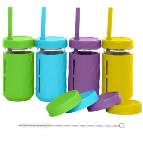 WeeSprout Glass Cups with Lids & Straws, Spill-Resistant Cups for Toddlers & Kids, Set of 4