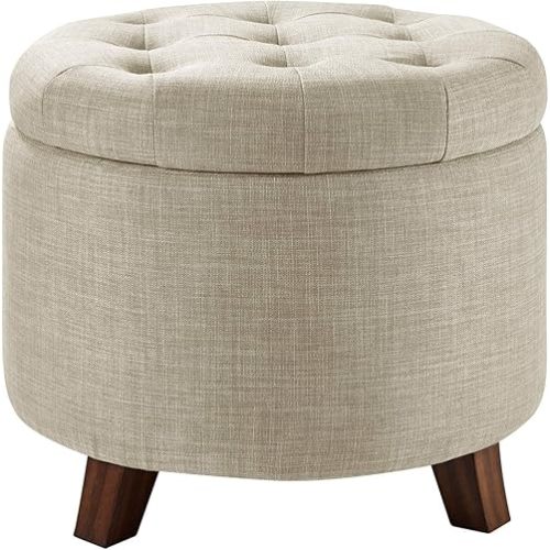 Amazon Basics Round Linen Ottoman with Storage, Tufted Upholstered Footstool for Living Room and Bedroom, 20" x 17", Linen Burlap Beige