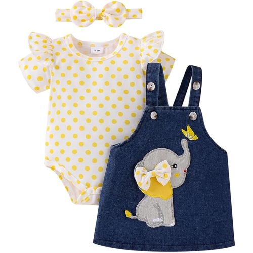 Baby Girl Clothes Suspender Skirt Newborn Ruffled Romper + Elephant Jeans Dress + Headband Summer Outfits 0-18 Months