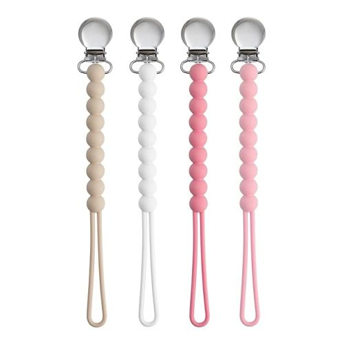 Pacifier Clip for Boys Girls - MORIBOX 4 Pack Paci Clip Soothie Baby Binky Holder for Shower Gift Birthday (Beige+White+Pink+Dpink)