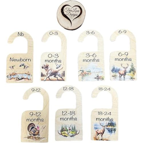7pc Hunting Scene Baby Closet Dividers for Clothes Organizer - Wooden Double-Sided, Gender Neutral Size Dividers from Newborn to 24M for Nursery Decor & Organization Baby Party Gift Set