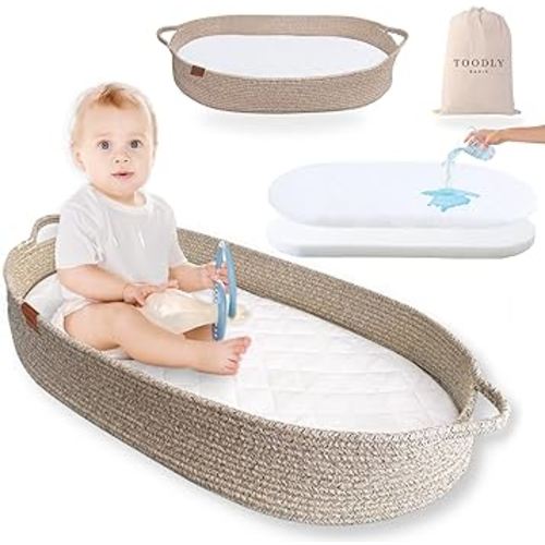 Baby Changing Basket with Diaper Caddy - Beige Moses Basket for Babies - Cotton Rope Diaper Changing Basket - Baby Diaper Changing Pad for Dresser - Changing Table Topper for Dresser - Toodly