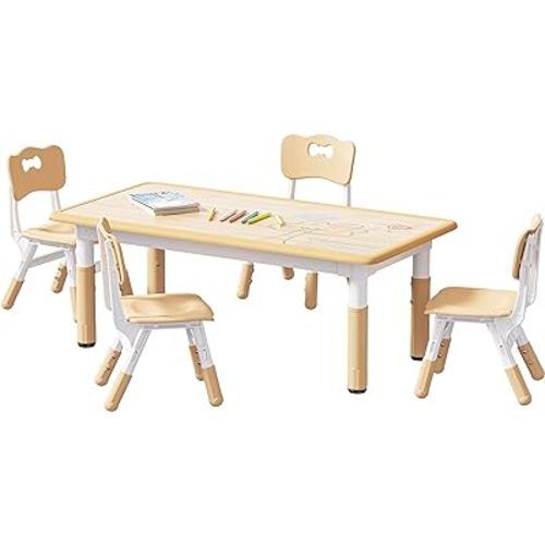 Brelley Kids Table and 4 Chairs Set, Height Adjustable Toddler Table and Chair Set, Graffiti Desktop, Non-Slip Legs, Max 300lbs, Children Multi-Activity Table for Ages 2-8
