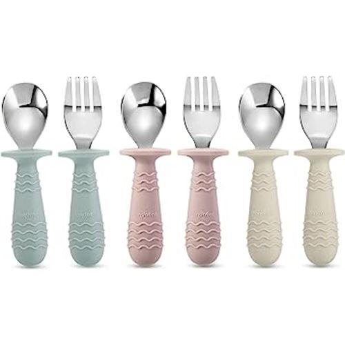 PandaEar 6 Pieces Baby Toddler Silicone Stainless Steel Utensils Silverware Spoon Fork for Baby Toddler BPA Free with Silicone Holding Anti-Choke Design