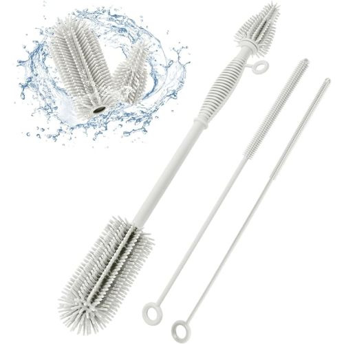 Baby Bottle Brush and Straw Cleaner Brush Set, Extra Long Double-Ended Soft Silicone Brush Cleaner for Baby Bottles, Water Bottles, Cups, Breast Pumps, Detachable & Hangable - Cream-colored