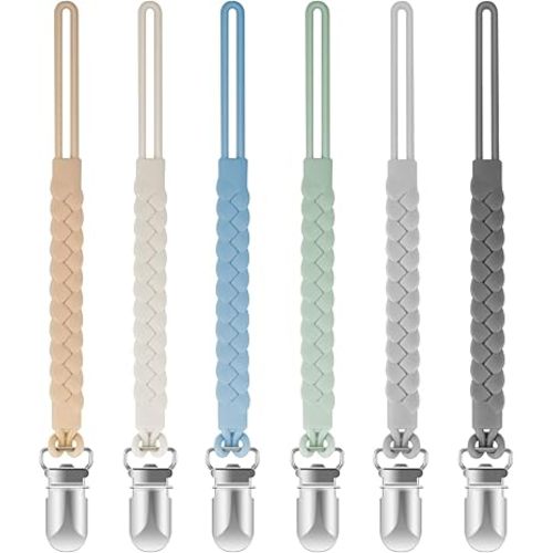 Silicone Pacifier Clip for Baby Boys and Girls, Woven Rope Flexible Design, Pacifier Holder for Teething Relief and Baby Essentials, Safe for Newborns (6 Pack)