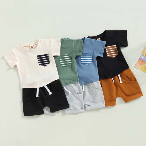 Mama's sunshine Baby Boys Shorts Set, Short Sleeve Crew Neck Stripes T-shirt with Elastic Waist Shorts Summer Outfit