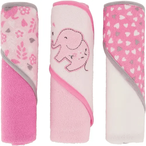 Cudlie Buttons & Stitches Baby Girl 3 Pack Rolled/Carded Hooded Towels in Blooming Elephant Print, GS71729