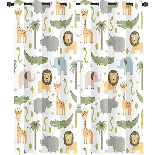 MESHELLY Baby Safari Animals Blackout Curtains 52Wx63H Inch for Boy Bedroom Grommet Pair Kids Woodland Jungle Lion Elephant Art Printed Curtains for Nursery Living Room Window Treatment Fabric