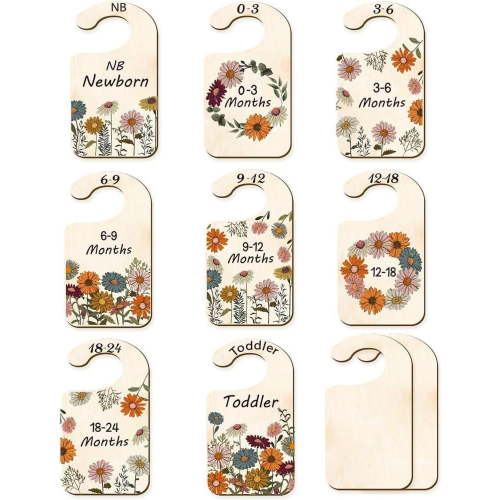 10Pcs Wood Baby Wardrobe Dividers Flower Nursery Decor from Newborn to 36 Month Hanger Seperaters Baby Closet Organizers Nursery Infant Wardrobe Hangers Divider for Newborn Baby Shower DIY