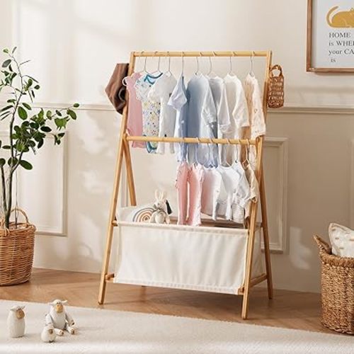 Kids Clothing Rack Baby Clothes Rack, Bamboo Kids Clothes Rack with Storage, Foldable Toddler Wardrobe Organizer for Bedroom and Playroom, Kids Wardrobe Closet Heavy Duty and Child-Safe