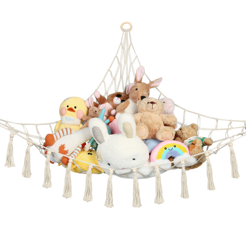 LotFancy Stuffed Animal Net or Hammock, Macrame Toy Hammock with Tassels, Beige, 59x47x47 in