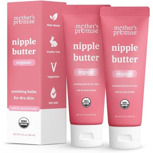 Organic Nipple Cream for Breastfeeding Mothers | Lanolin-Free Nipple Butter, Safe for Nursing Moms & Babies | No Need to Wash Balm for Dry Skin & Breastfeeding Essentials, Made in Canada, 2oz. (Pack of 2)