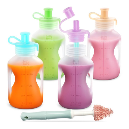 Silicone Reusable Baby Food Pouches with Straws, Leakproof Refillable Squeeze Pouches, Dishwasher, Freezer, Microwave Safe, Baby Food Storage for Homemade Puree, Yogurt (one size, Count, 4)